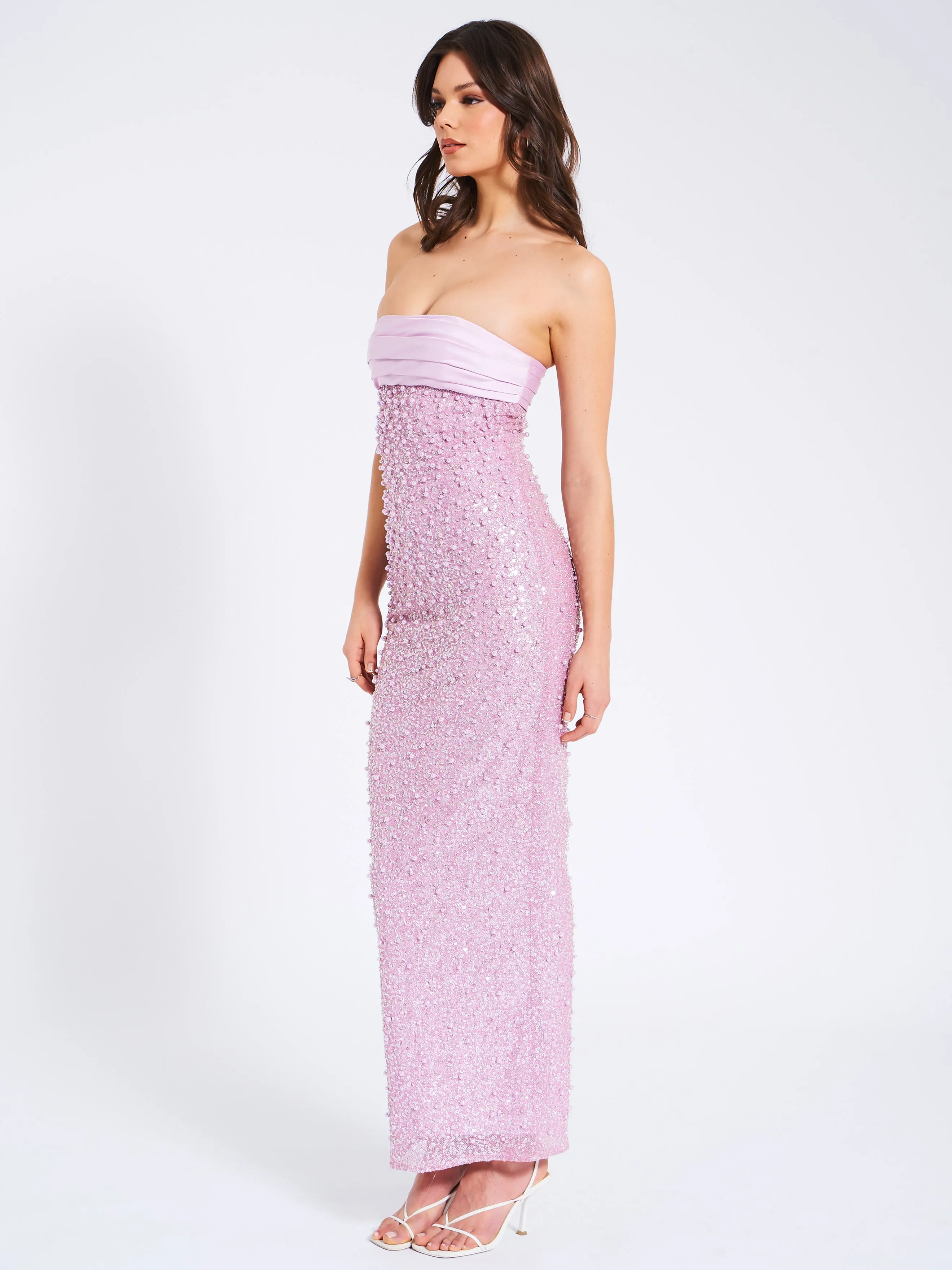 Lainey Purple Satin Sequin Graceful Pearls Beaded Maxi Dress