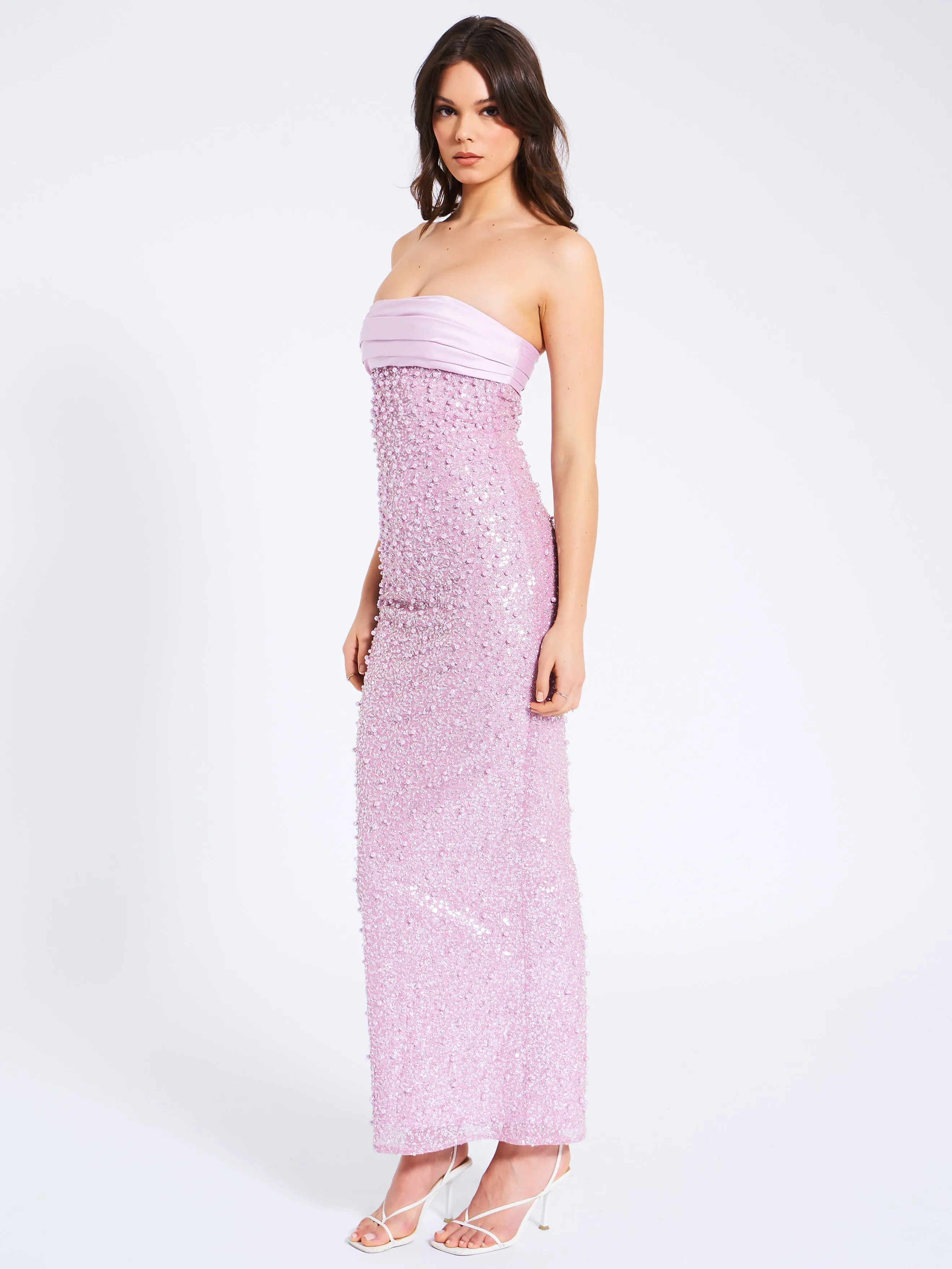 Lainey Purple Satin Sequin Graceful Pearls Beaded Maxi Dress