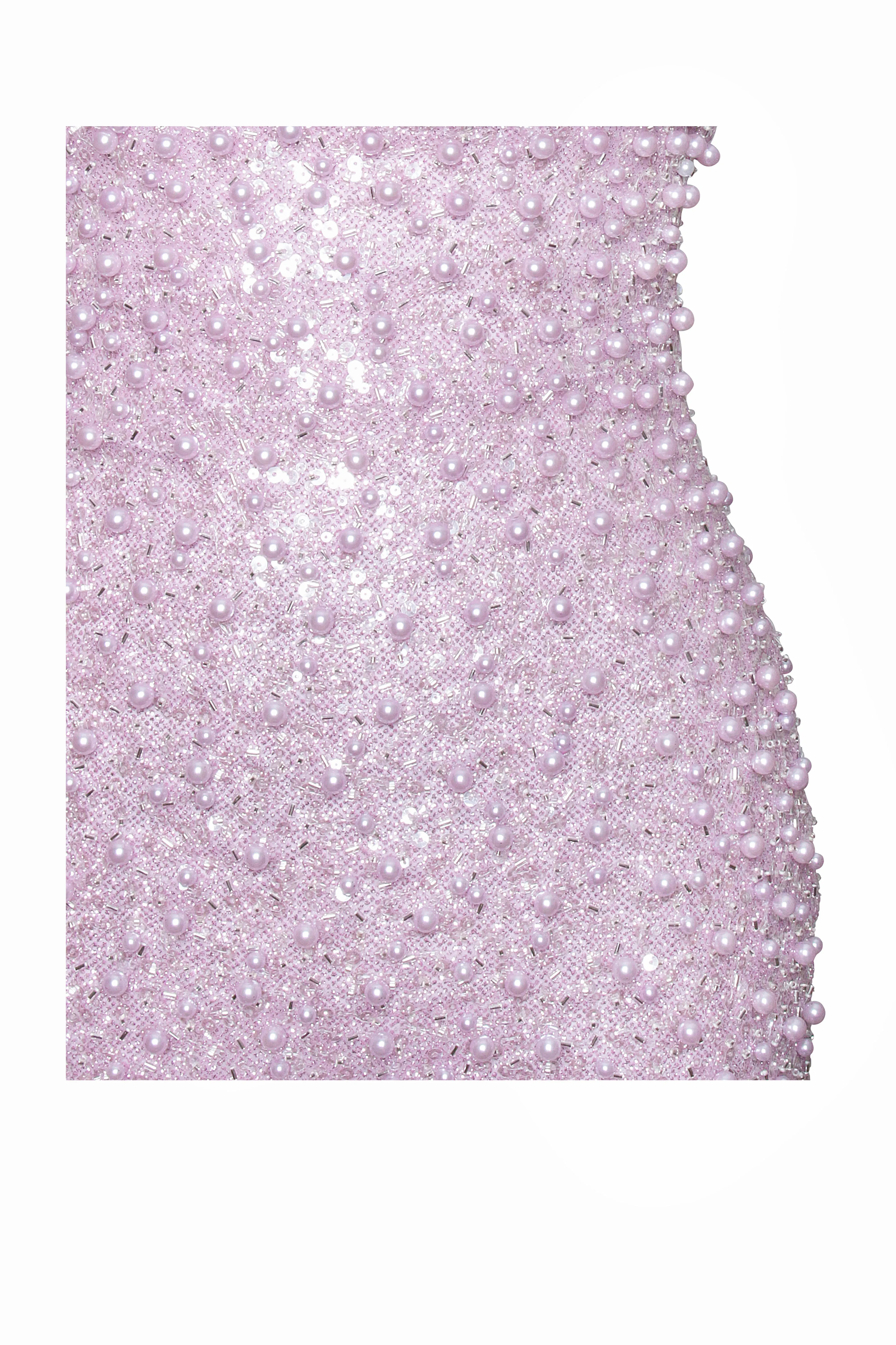 Lainey Purple Satin Sequin Graceful Pearls Beaded Maxi Dress