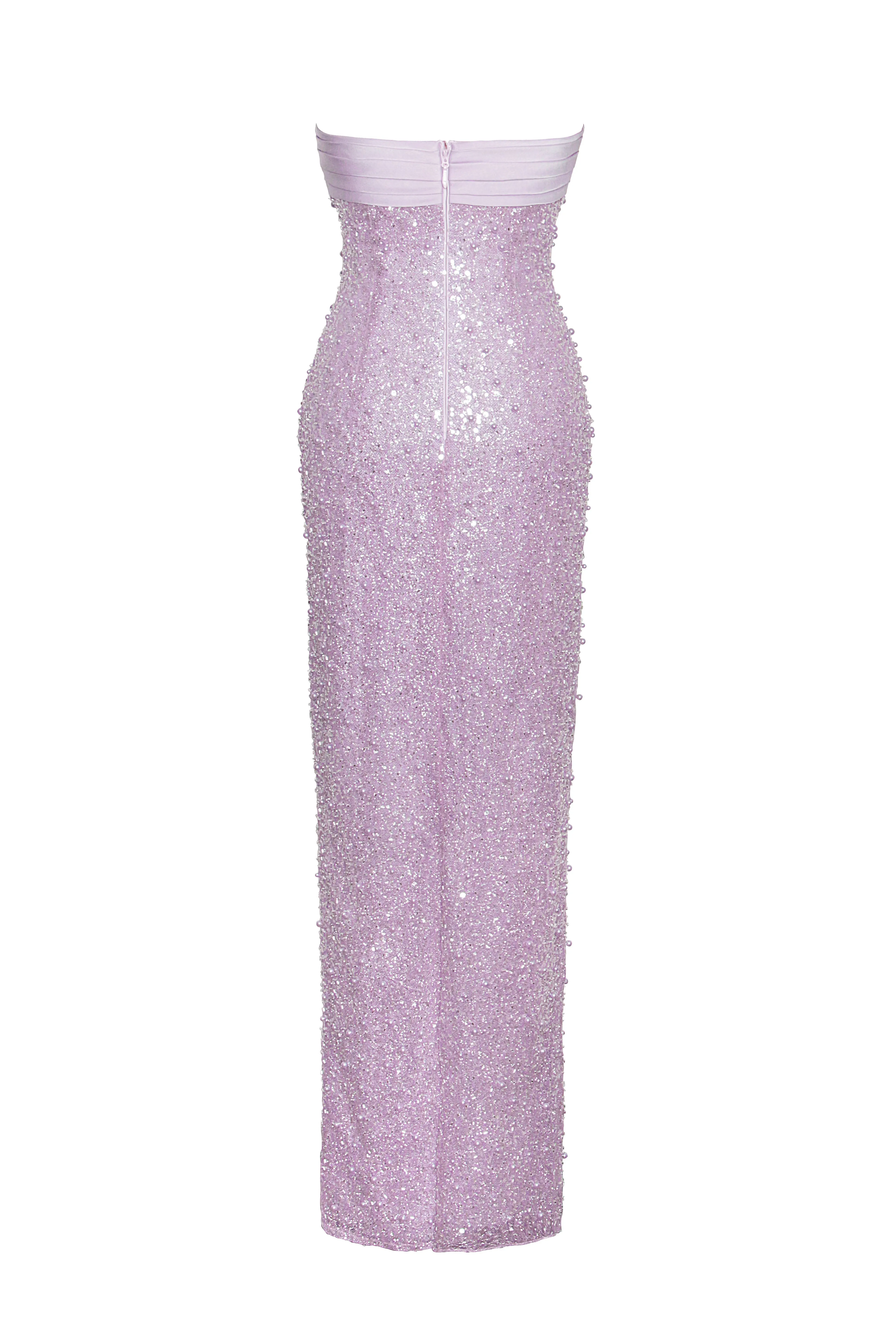 Lainey Purple Satin Sequin Graceful Pearls Beaded Maxi Dress