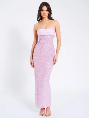 Lainey Purple Satin Sequin Graceful Pearls Beaded Maxi Dress