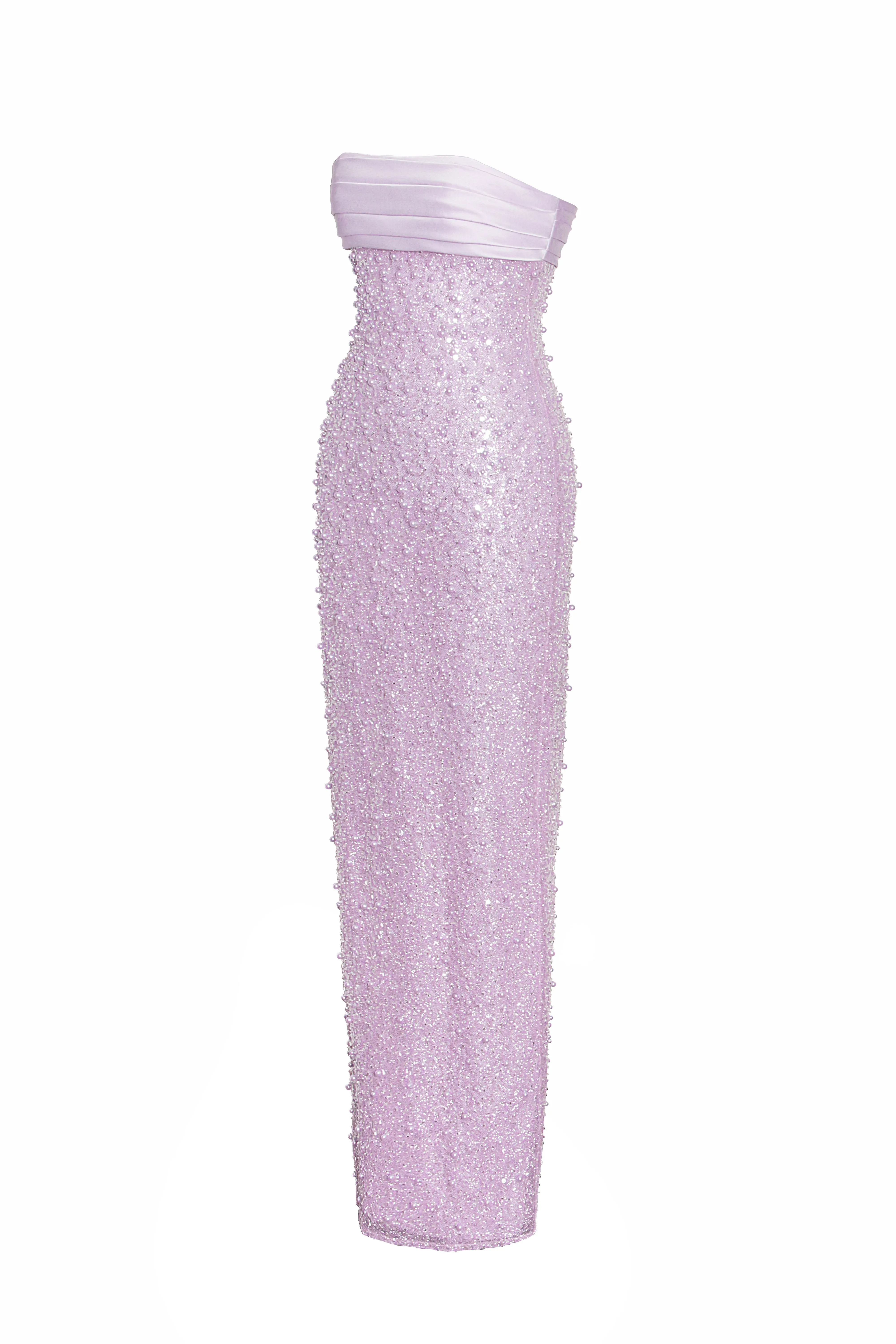 Lainey Purple Satin Sequin Graceful Pearls Beaded Maxi Dress