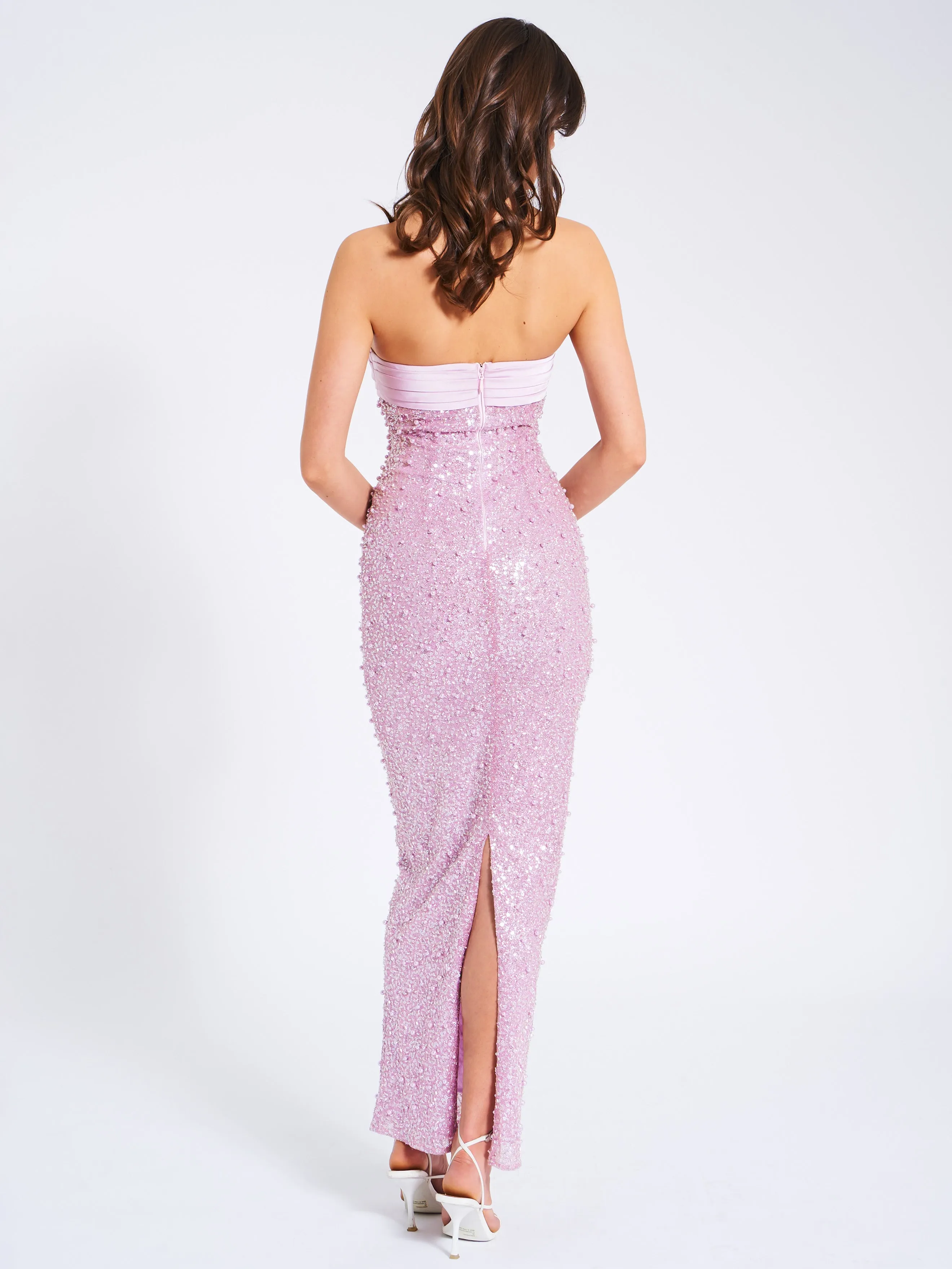 Lainey Purple Satin Sequin Graceful Pearls Beaded Maxi Dress