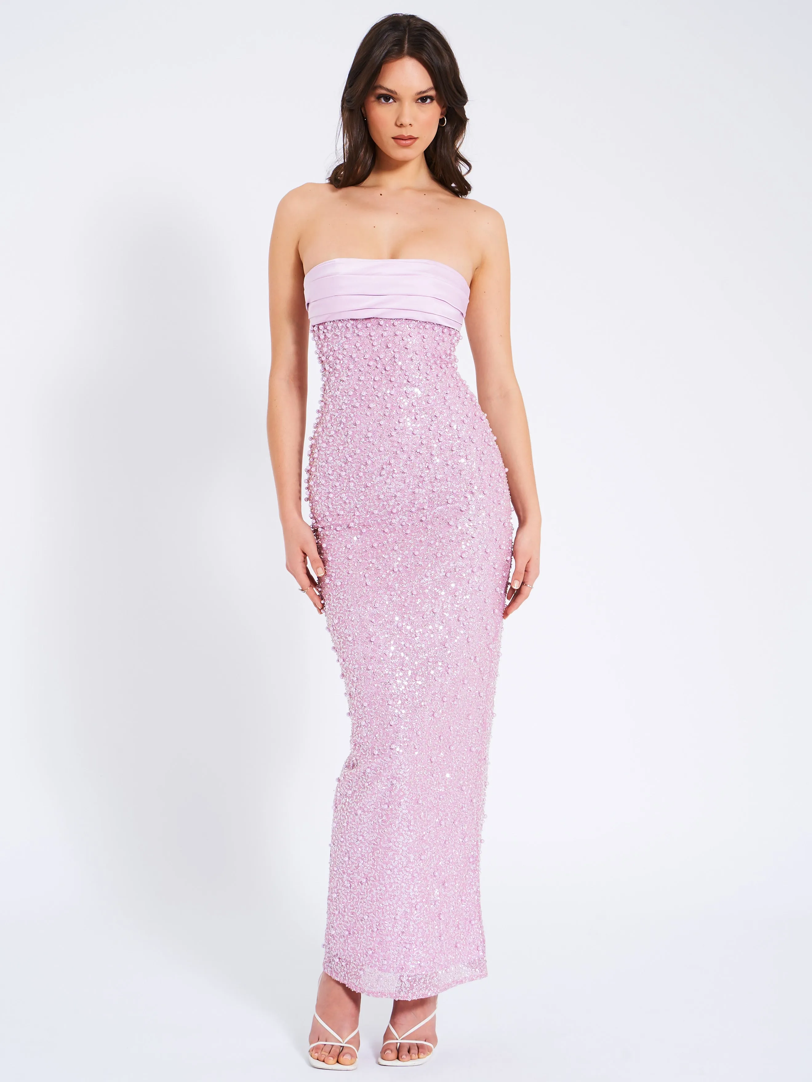 Lainey Purple Satin Sequin Graceful Pearls Beaded Maxi Dress