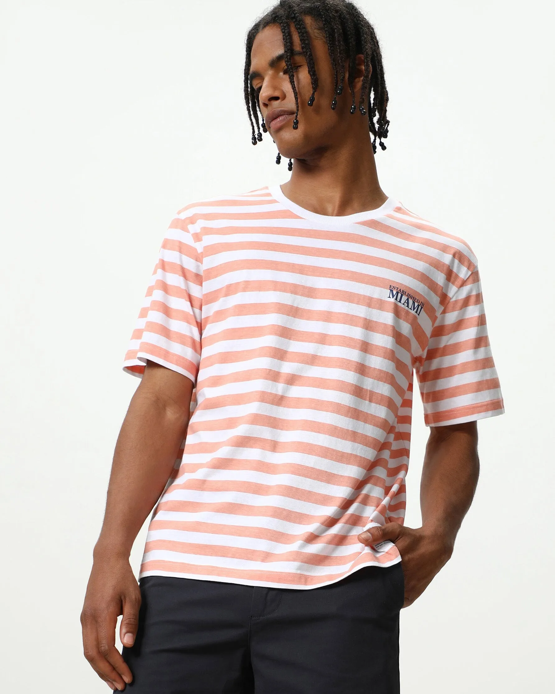 Lefties THICK STRIPE PRINTED T-SHIRT Orange/White