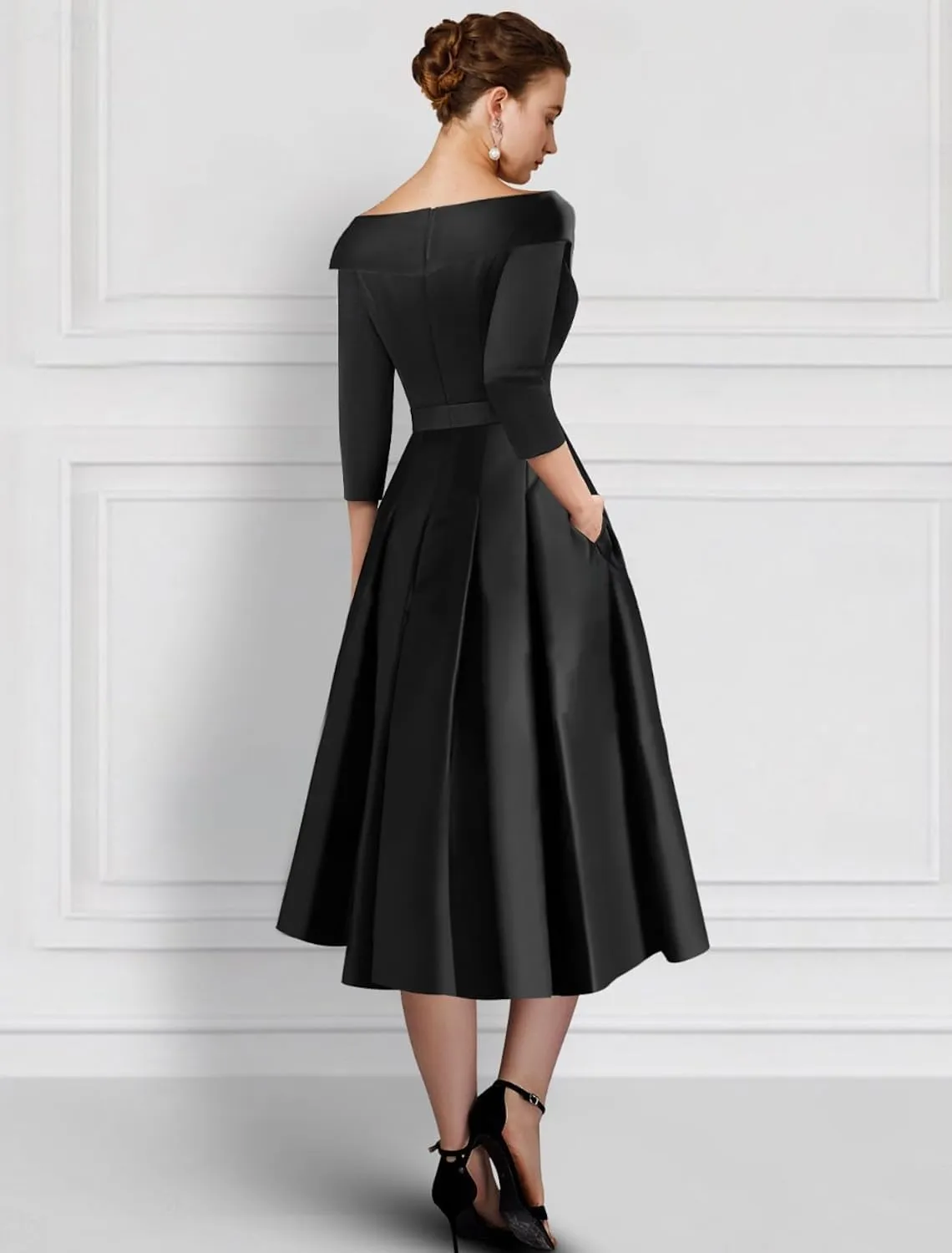 Long Sleeve Mother of The Bride Dresses Tea Length Prom Dress Applique Satin Formal Evening Gowns with Pockets