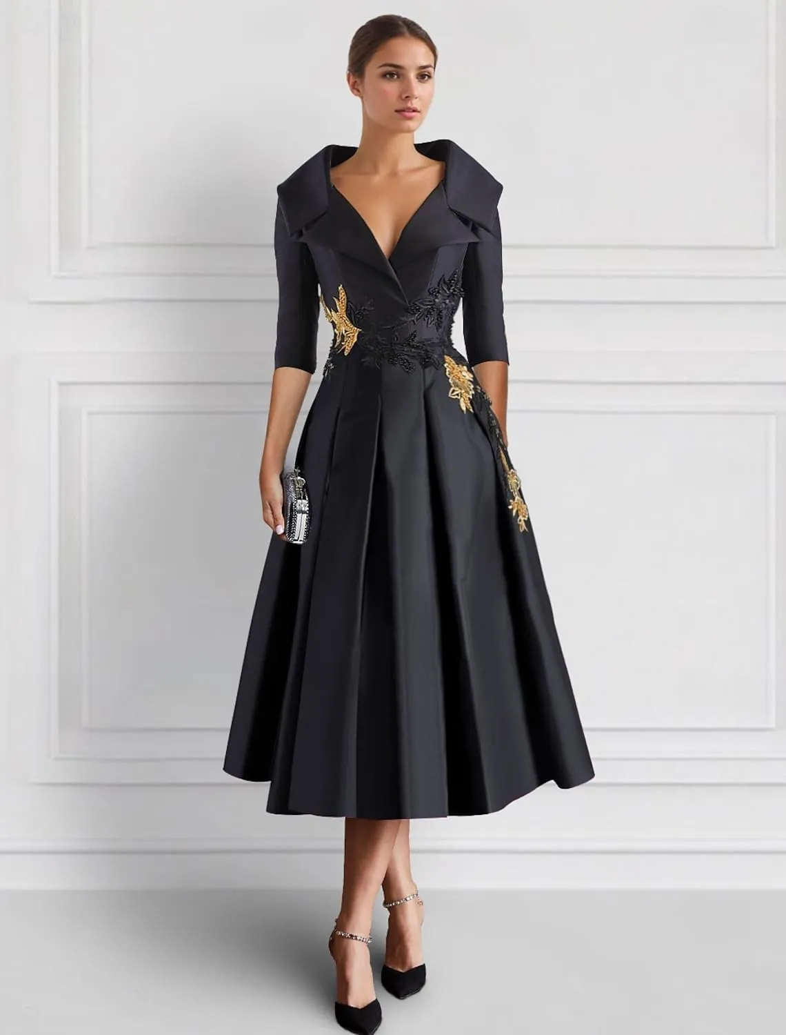 Long Sleeve Mother of The Bride Dresses Tea Length Prom Dress Applique Satin Formal Evening Gowns with Pockets