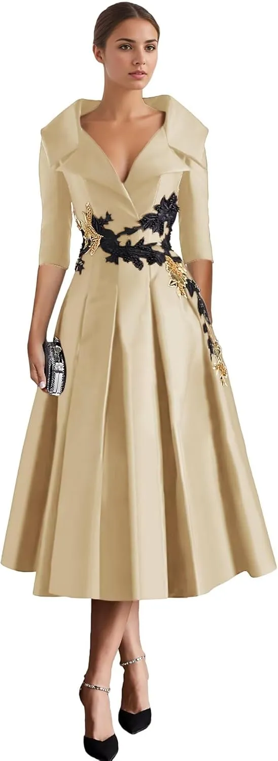Long Sleeve Mother of The Bride Dresses Tea Length Prom Dress Applique Satin Formal Evening Gowns with Pockets