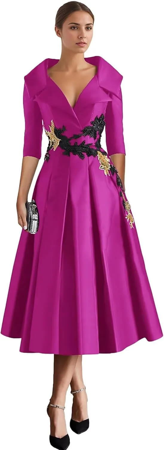 Long Sleeve Mother of The Bride Dresses Tea Length Prom Dress Applique Satin Formal Evening Gowns with Pockets