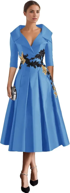Long Sleeve Mother of The Bride Dresses Tea Length Prom Dress Applique Satin Formal Evening Gowns with Pockets