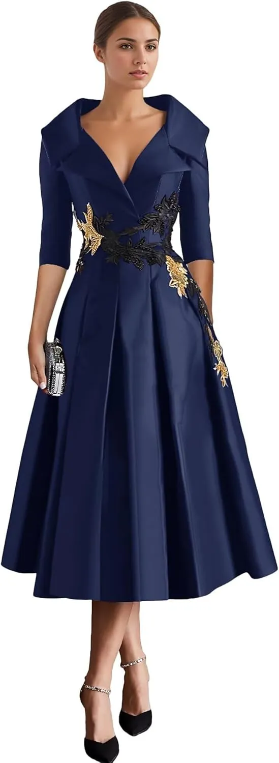 Long Sleeve Mother of The Bride Dresses Tea Length Prom Dress Applique Satin Formal Evening Gowns with Pockets