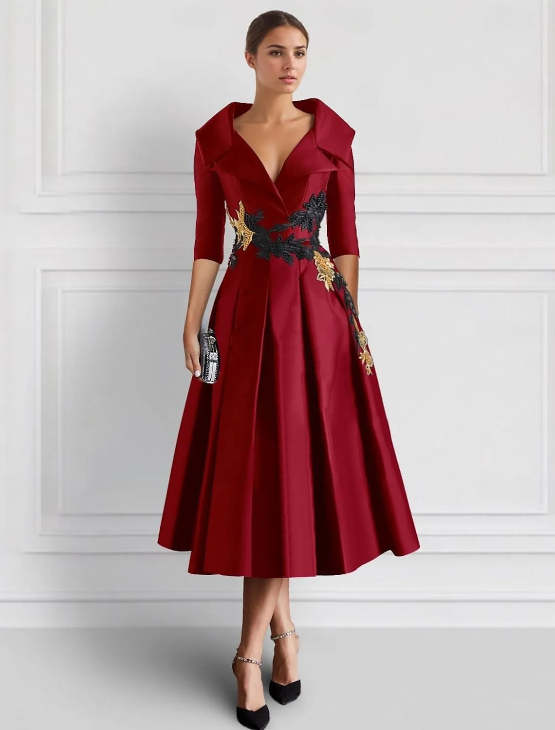 Long Sleeve Mother of The Bride Dresses Tea Length Prom Dress Applique Satin Formal Evening Gowns with Pockets