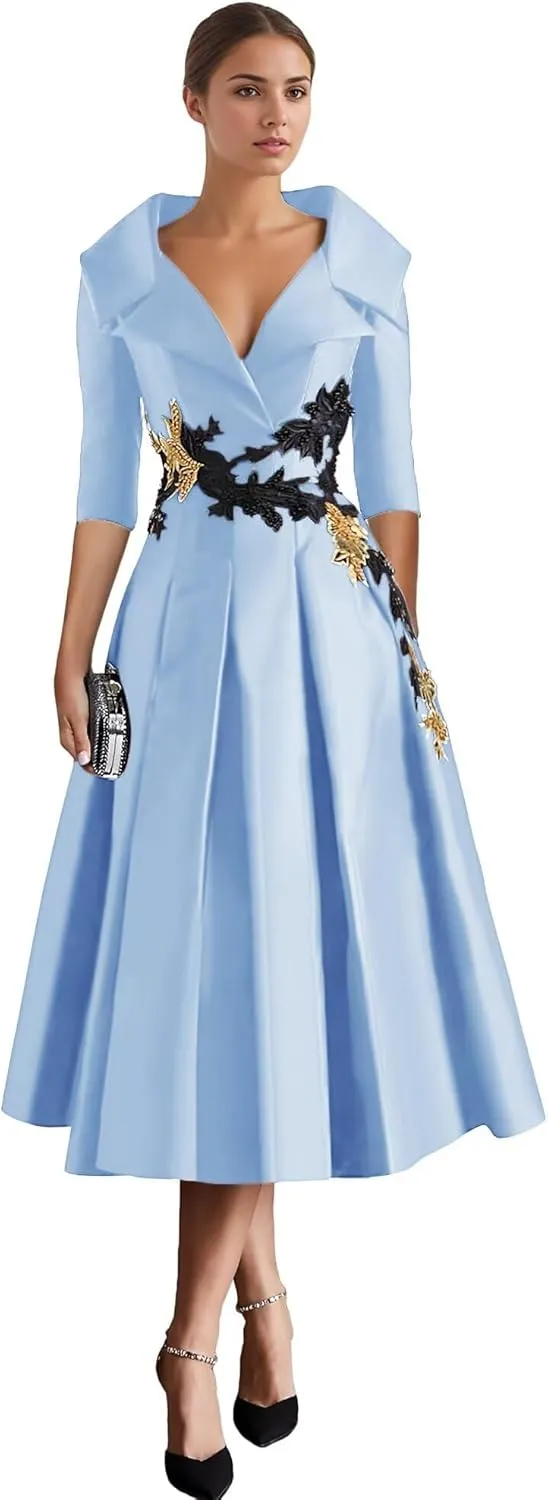 Long Sleeve Mother of The Bride Dresses Tea Length Prom Dress Applique Satin Formal Evening Gowns with Pockets