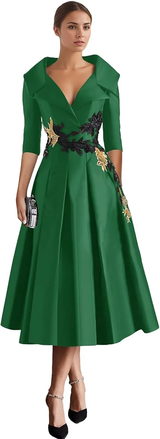 Long Sleeve Mother of The Bride Dresses Tea Length Prom Dress Applique Satin Formal Evening Gowns with Pockets