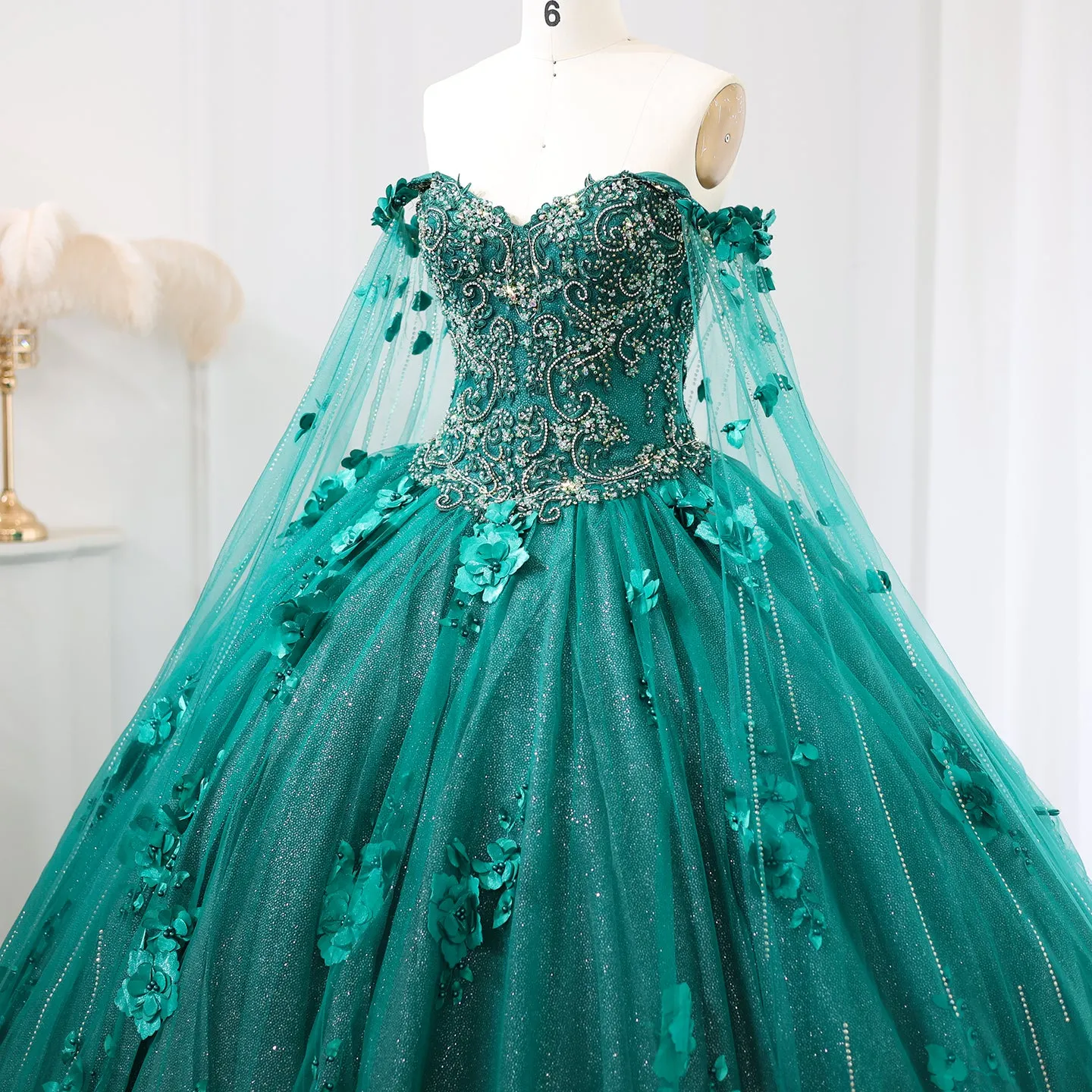 Luxury 3D Flower Emerald Green Ball Gown Prom Dress SS199