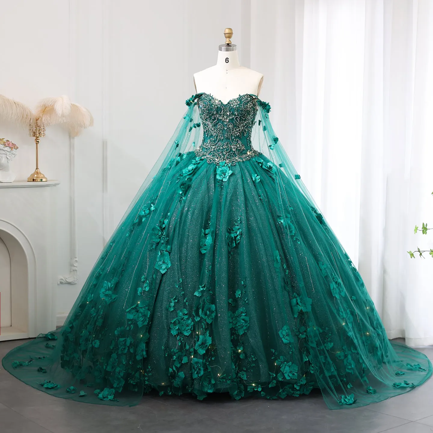 Luxury 3D Flower Emerald Green Ball Gown Prom Dress SS199