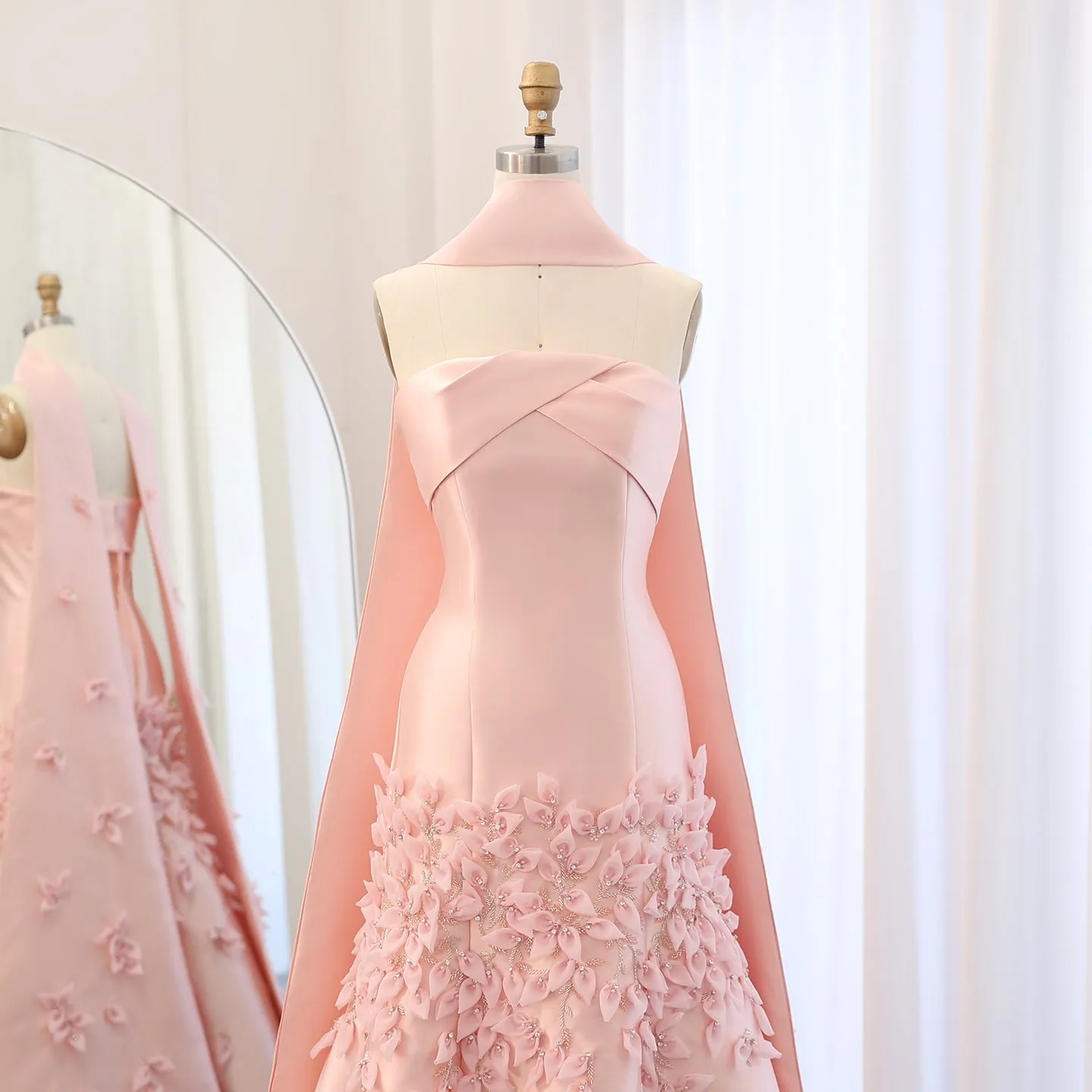 Luxury 3D Leaves Pink Satin Evening Dress with Cape SS463