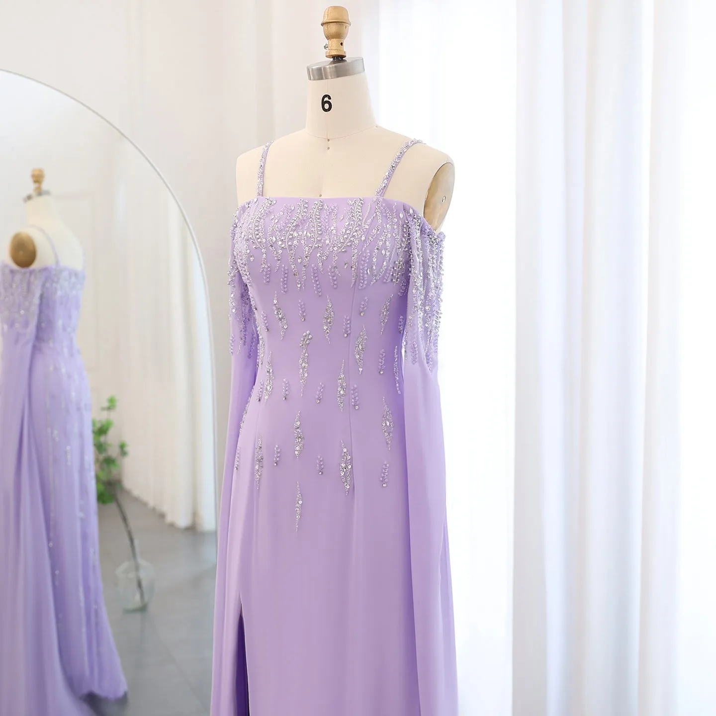 Luxury Lilac Mermaid Slit Evening Dress with Cape Sleeves SS448