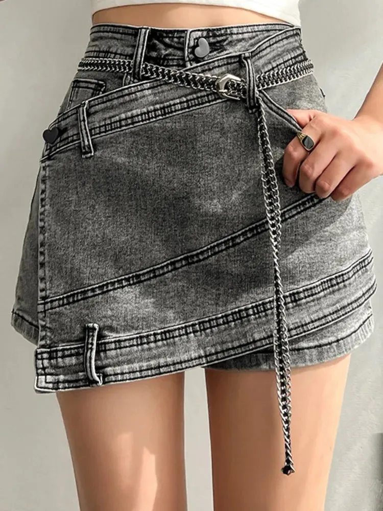 LVSANW DEAT Fashion Women's Denim Skirt New High Waist Irregular Chain Spliced Gray Above Knee Skirts Female Tide Summer 2024 17A1443