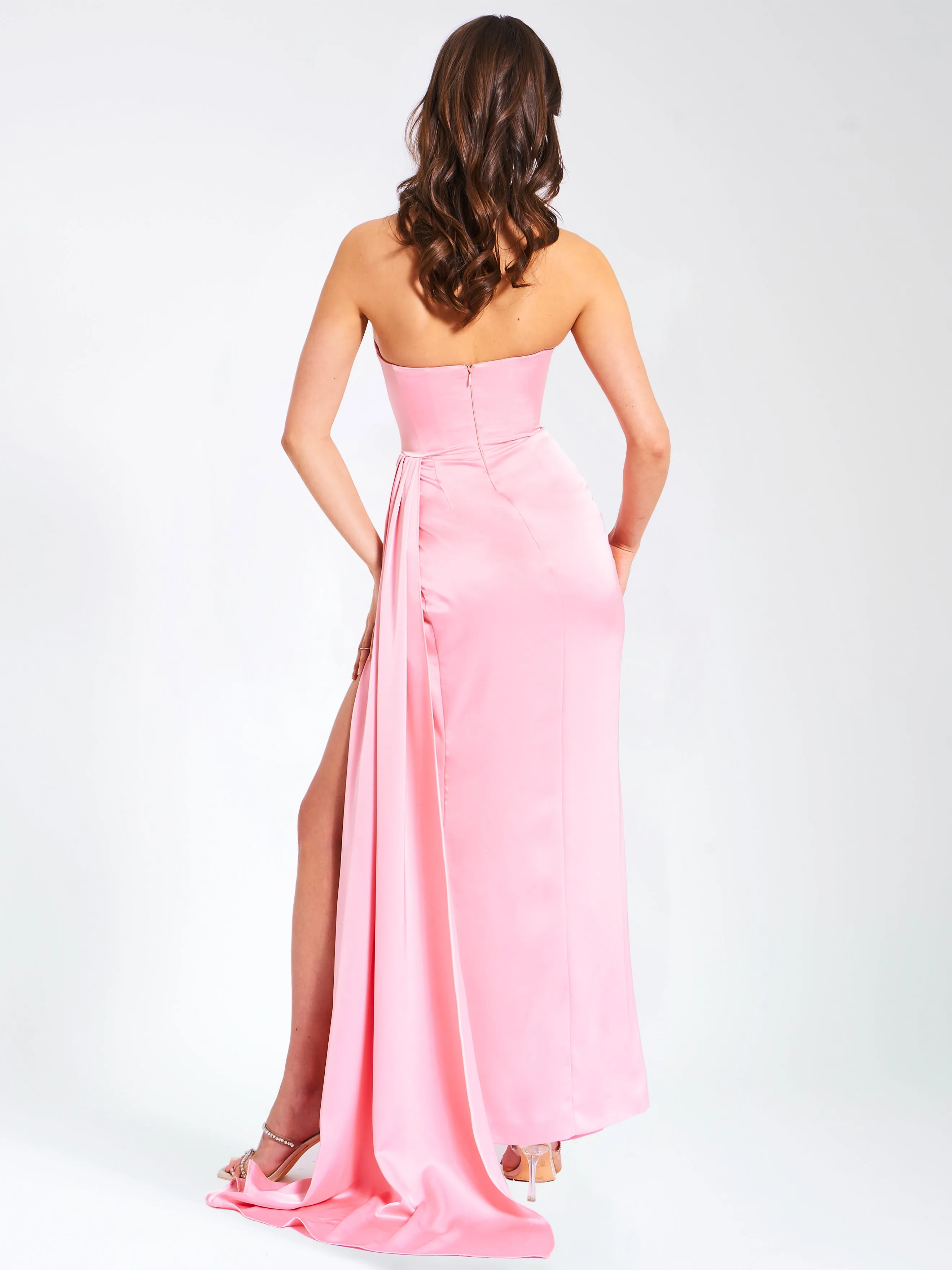 Marilyn Pink Satin Crystal Graceful Embellished High Slit Gown