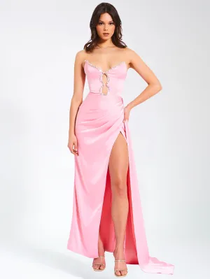 Marilyn Pink Satin Crystal Graceful Embellished High Slit Gown
