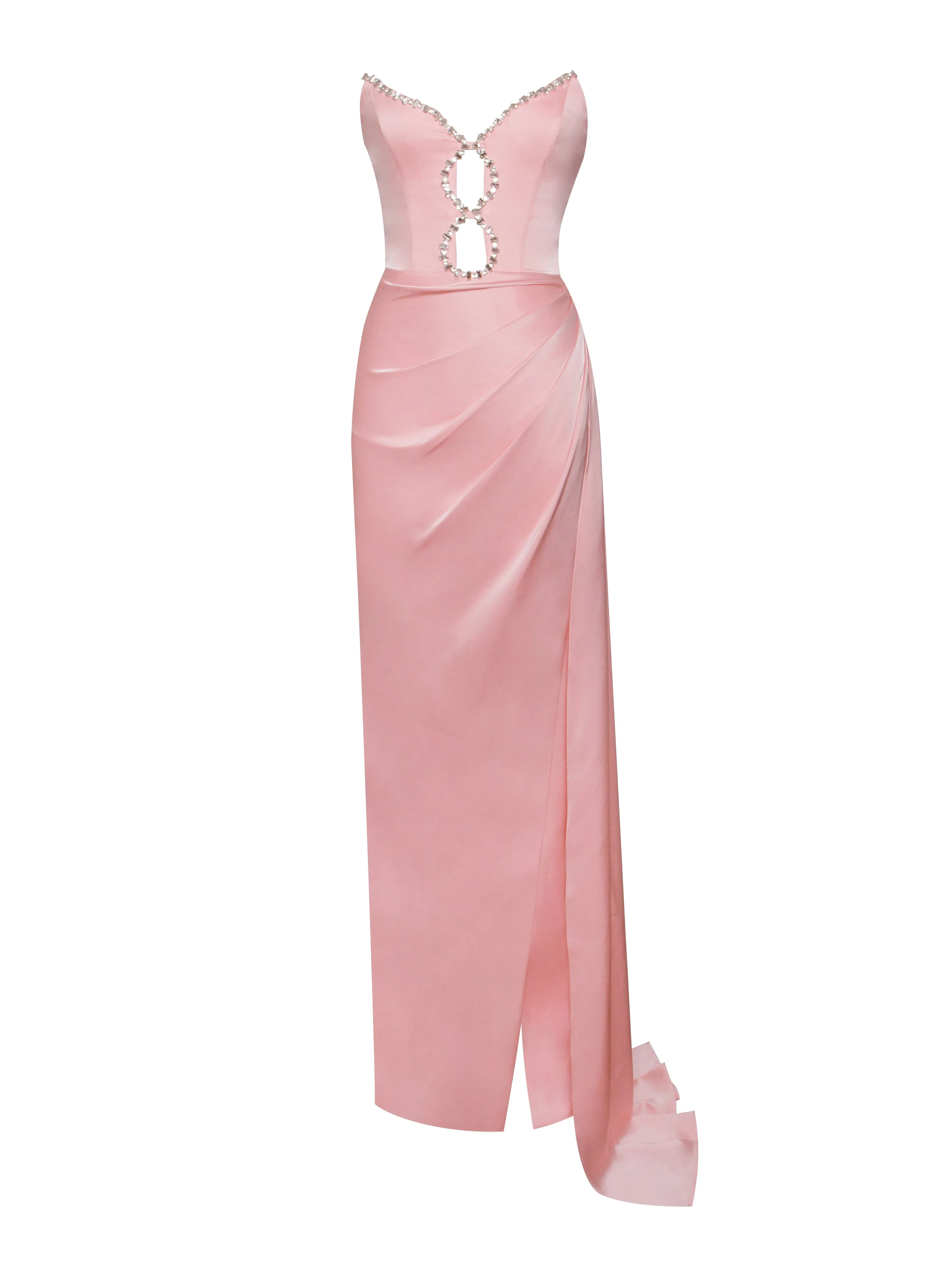 Marilyn Pink Satin Crystal Graceful Embellished High Slit Gown