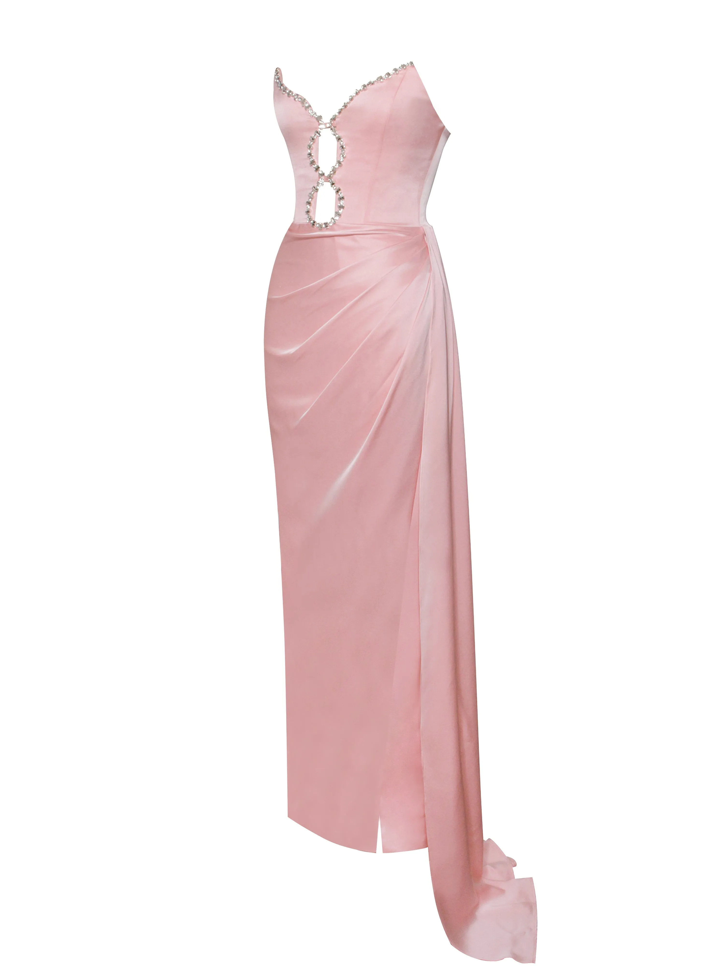Marilyn Pink Satin Crystal Graceful Embellished High Slit Gown