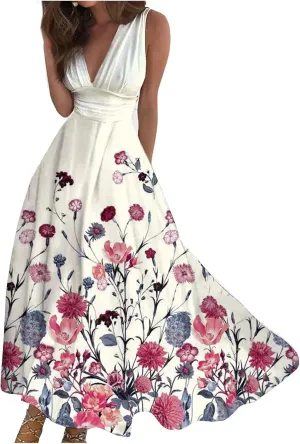 Maxi Dresses for Women 2025 Casual Trendy Summer Dress V Neck Sleeveless Formal Sundresses A Line Flowy Sundress