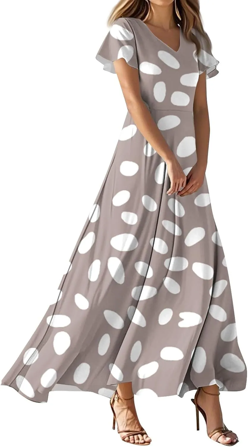 Maxi Dresses for Women 2025 Plus Size Chiffon Ruffle Flowy Swing Short Sleeve Floral Dress A Line Frocks