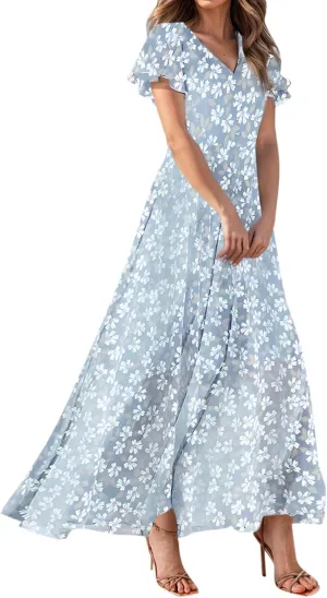 Maxi Dresses for Women 2025 Plus Size Chiffon Ruffle Flowy Swing Short Sleeve Floral Dress A Line Frocks