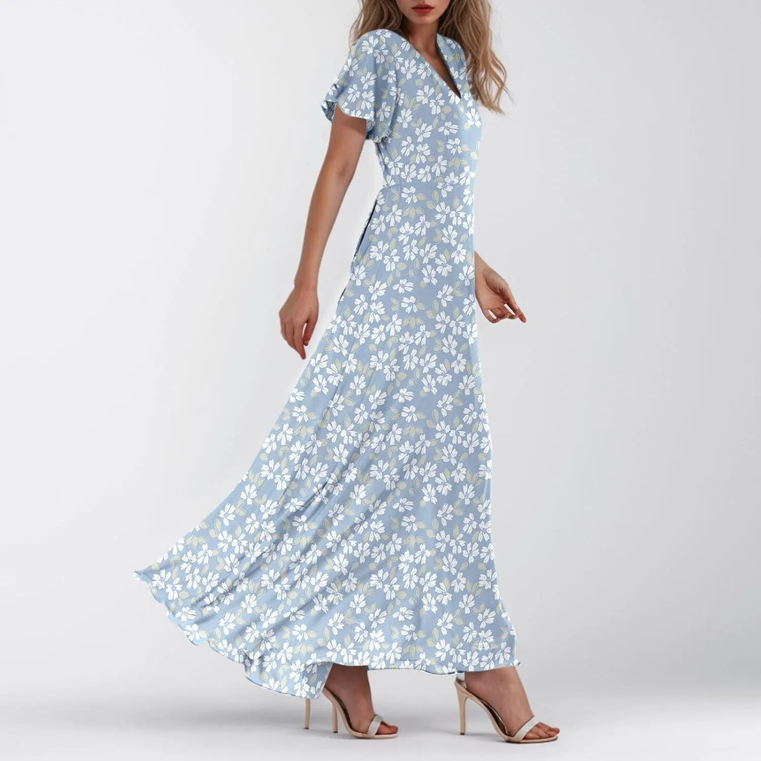 Maxi Dresses for Women 2025 Plus Size Chiffon Ruffle Flowy Swing Short Sleeve Floral Dress A Line Frocks