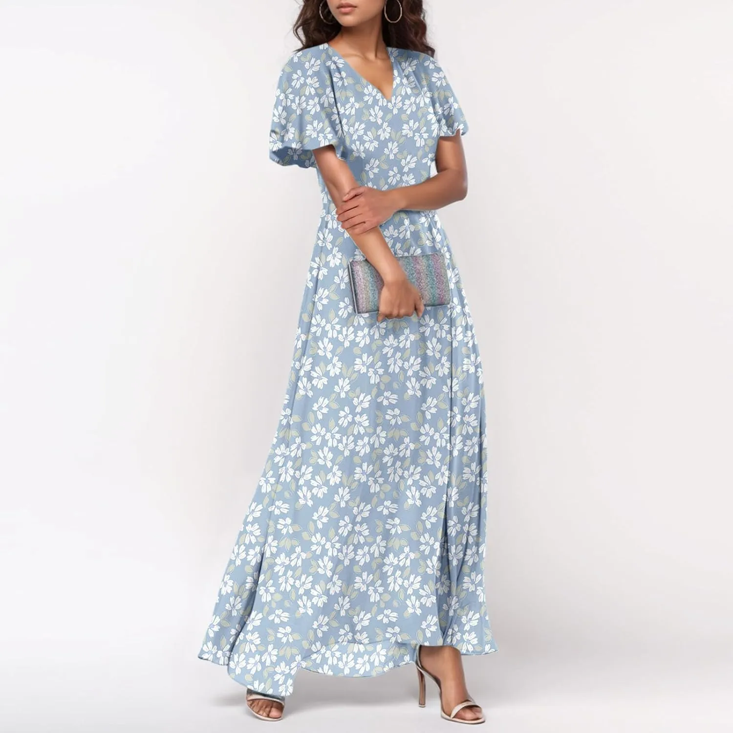 Maxi Dresses for Women 2025 Plus Size Chiffon Ruffle Flowy Swing Short Sleeve Floral Dress A Line Frocks