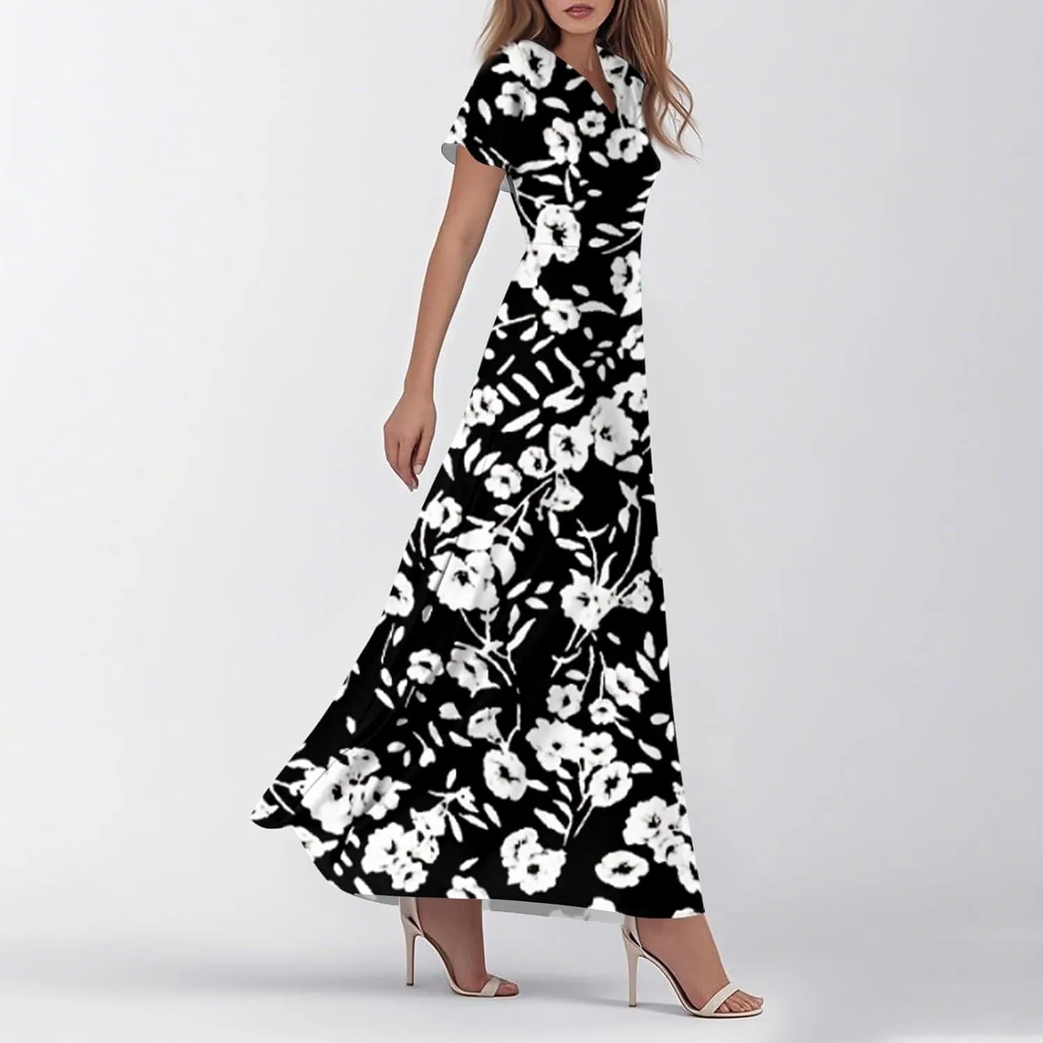 Maxi Dresses for Women 2025 Plus Size Chiffon Ruffle Flowy Swing Short Sleeve Floral Dress A Line Frocks