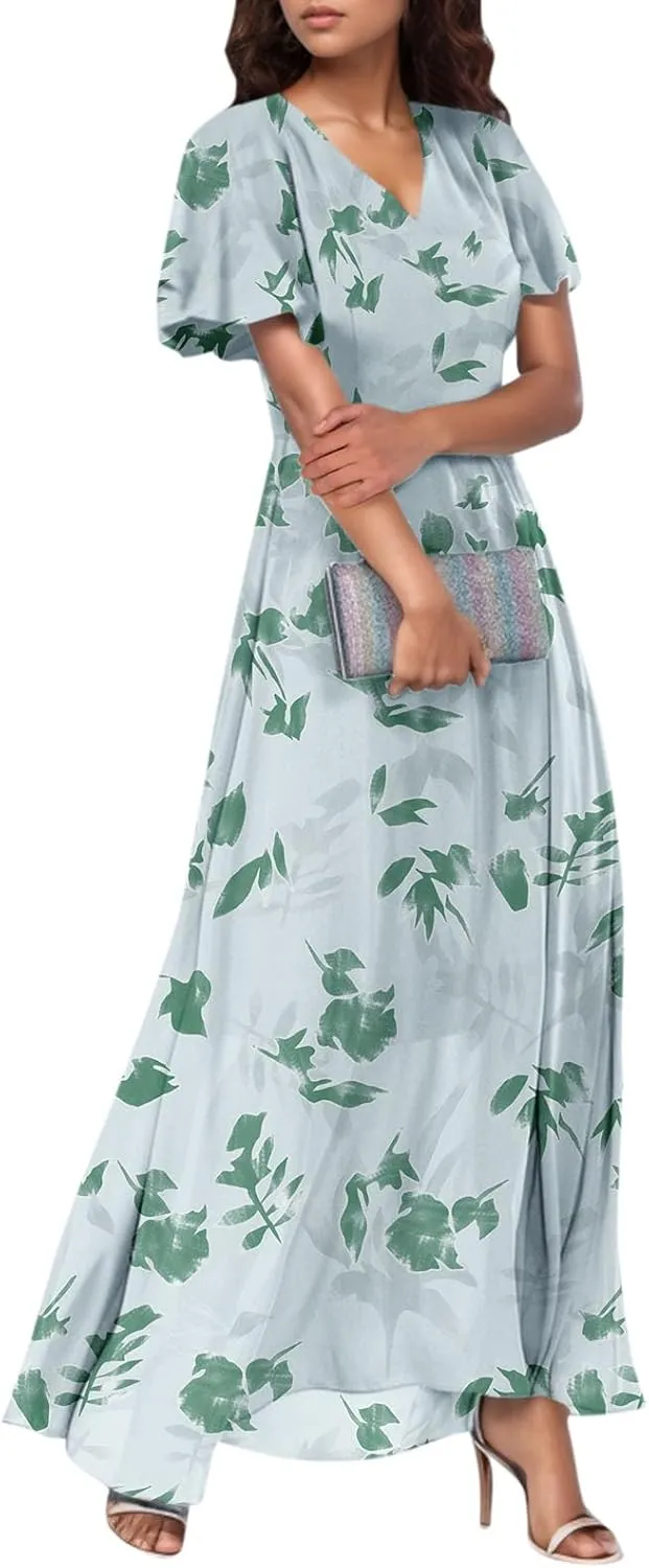 Maxi Dresses for Women 2025 Plus Size Chiffon Ruffle Flowy Swing Short Sleeve Floral Dress A Line Frocks