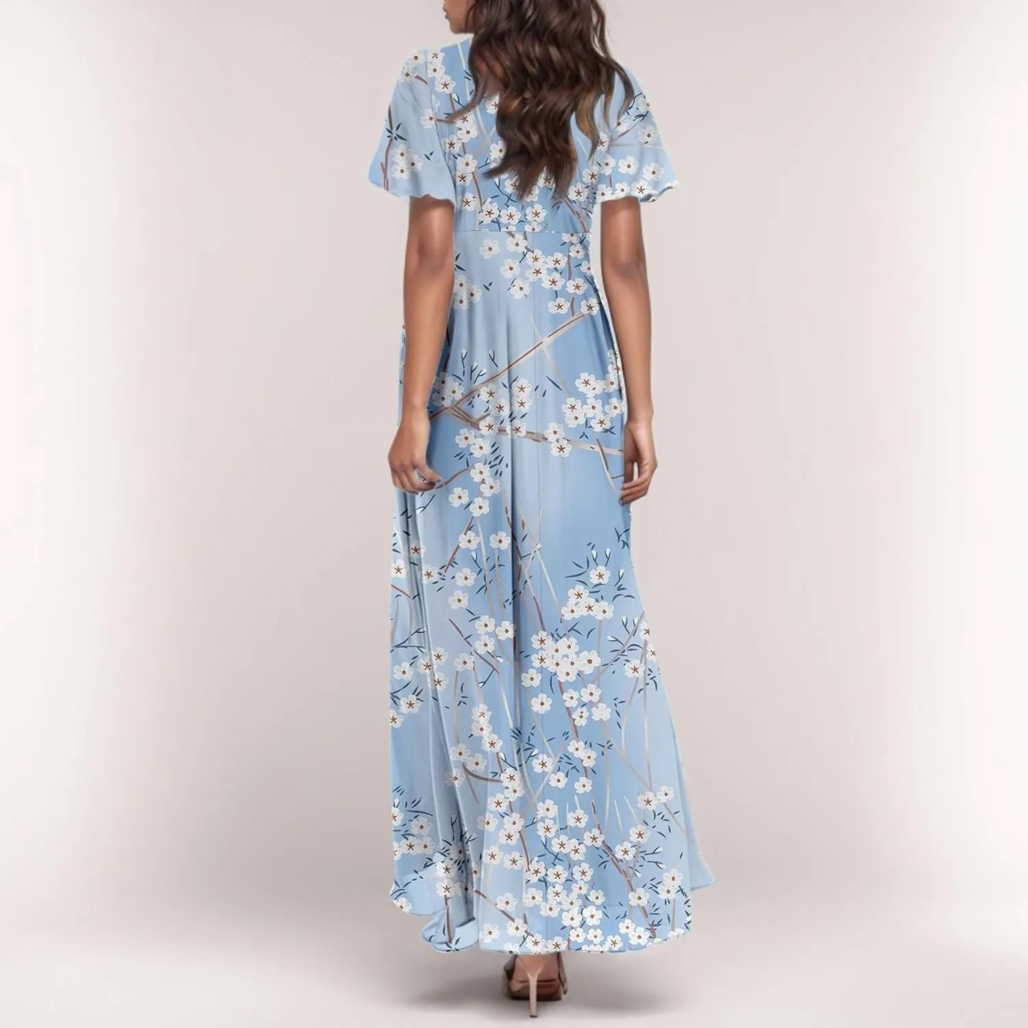 Maxi Dresses for Women 2025 Plus Size Chiffon Ruffle Flowy Swing Short Sleeve Floral Dress A Line Frocks