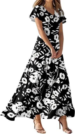 Maxi Dresses for Women 2025 Plus Size Chiffon Ruffle Flowy Swing Short Sleeve Floral Dress A Line Frocks