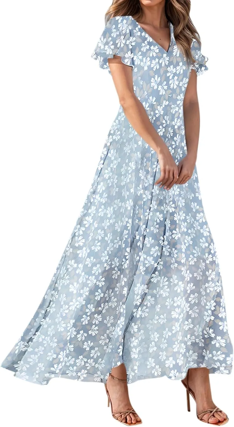 Maxi Dresses for Women 2025 Plus Size Chiffon Ruffle Flowy Swing Short Sleeve Floral Dress A Line Frocks