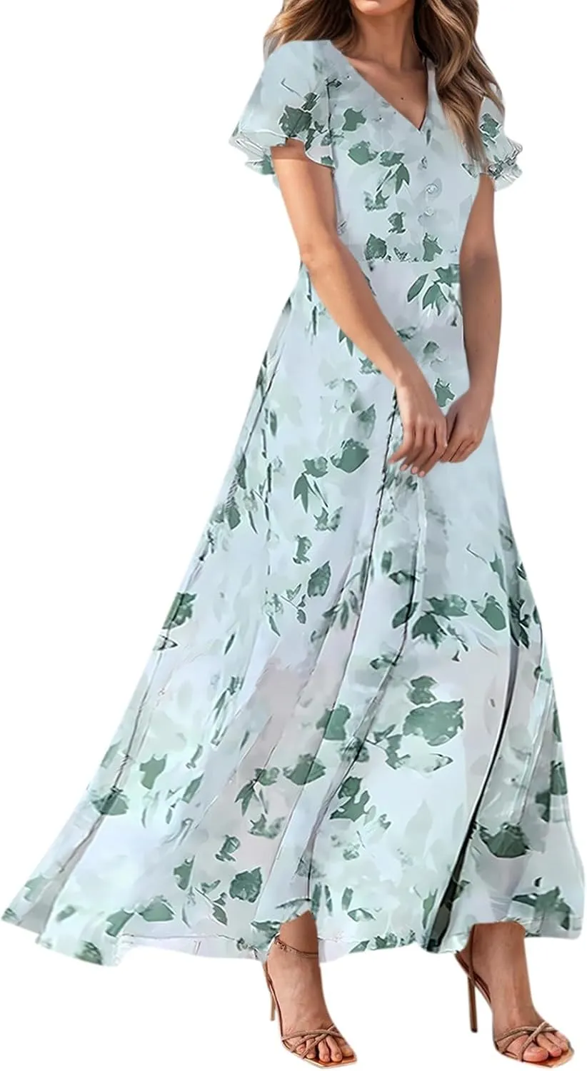 Maxi Dresses for Women 2025 Plus Size Chiffon Ruffle Flowy Swing Short Sleeve Floral Dress A Line Frocks