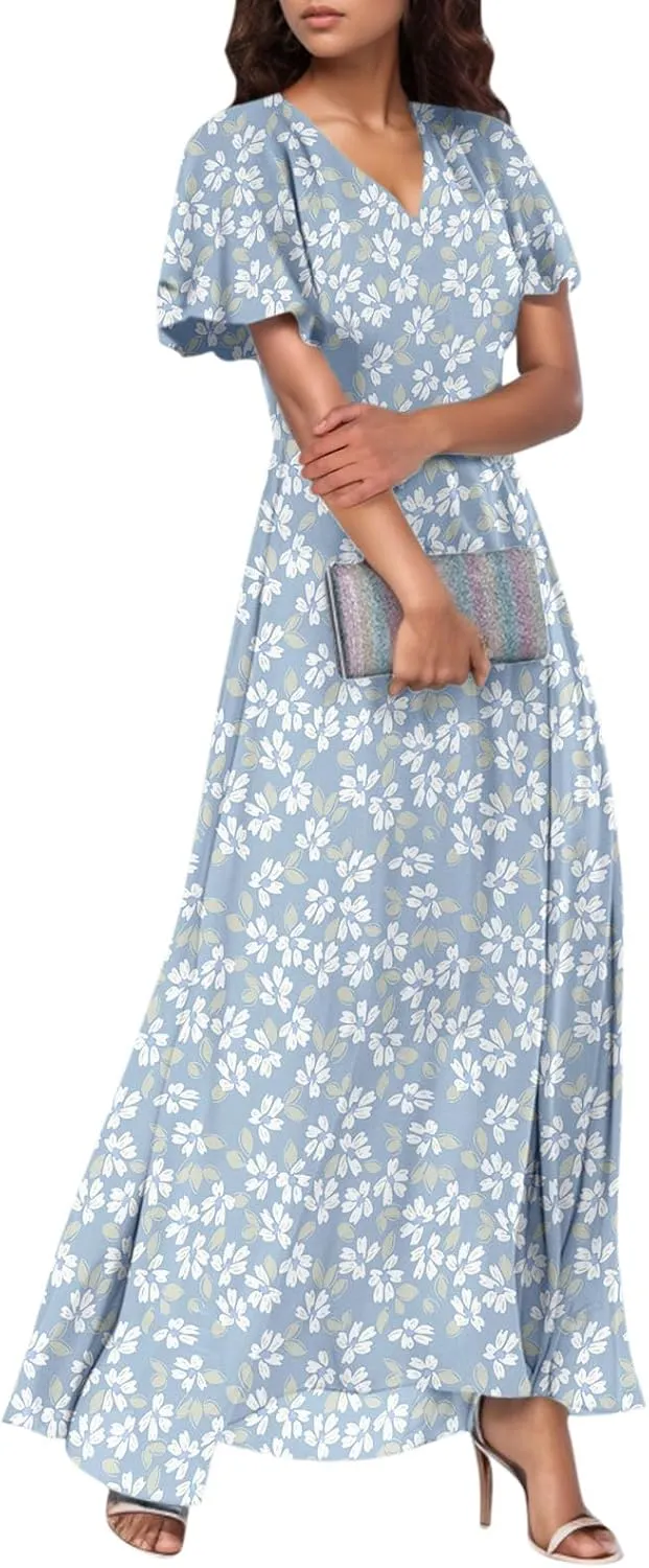 Maxi Dresses for Women 2025 Plus Size Chiffon Ruffle Flowy Swing Short Sleeve Floral Dress A Line Frocks