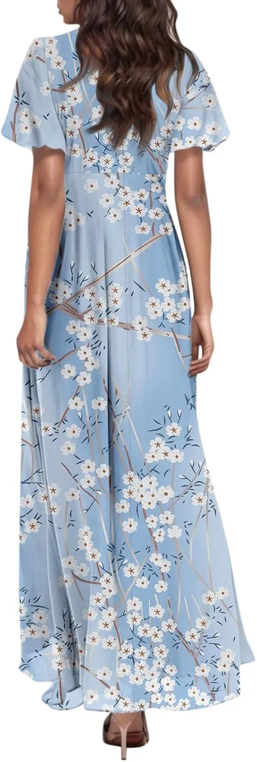 Maxi Dresses for Women 2025 Plus Size Chiffon Ruffle Flowy Swing Short Sleeve Floral Dress A Line Frocks