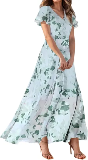 Maxi Dresses for Women 2025 Plus Size Chiffon Ruffle Flowy Swing Short Sleeve Floral Dress A Line Frocks