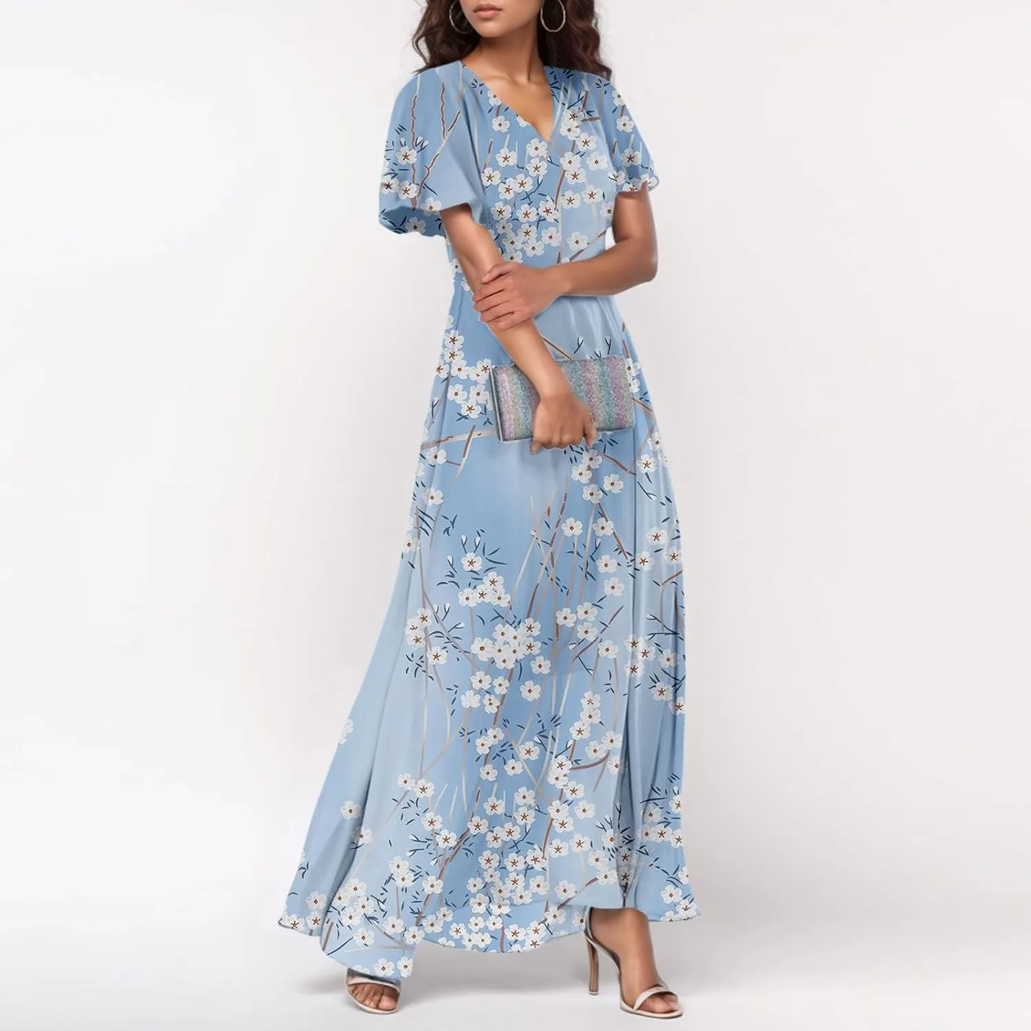 Maxi Dresses for Women 2025 Plus Size Chiffon Ruffle Flowy Swing Short Sleeve Floral Dress A Line Frocks