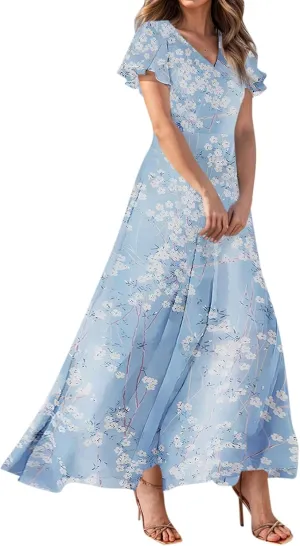 Maxi Dresses for Women 2025 Plus Size Chiffon Ruffle Flowy Swing Short Sleeve Floral Dress A Line Frocks