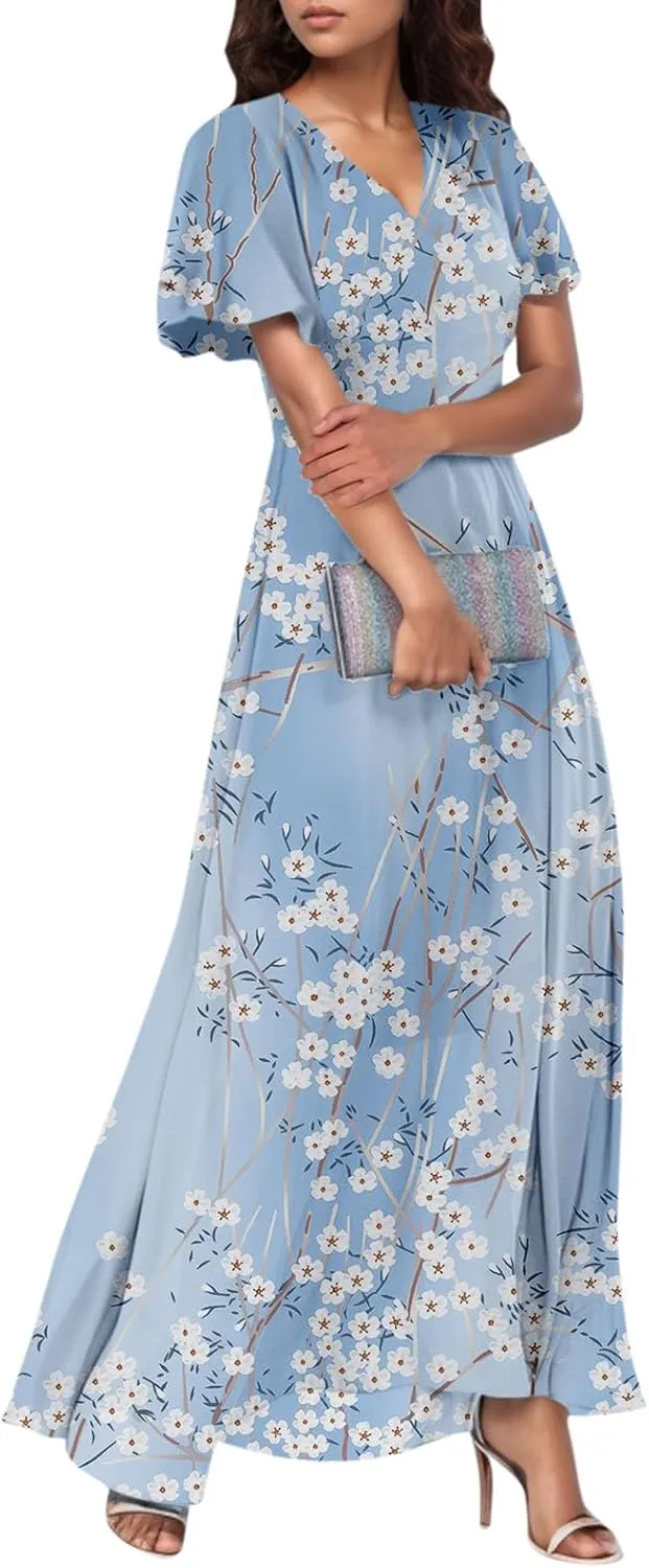 Maxi Dresses for Women 2025 Plus Size Chiffon Ruffle Flowy Swing Short Sleeve Floral Dress A Line Frocks