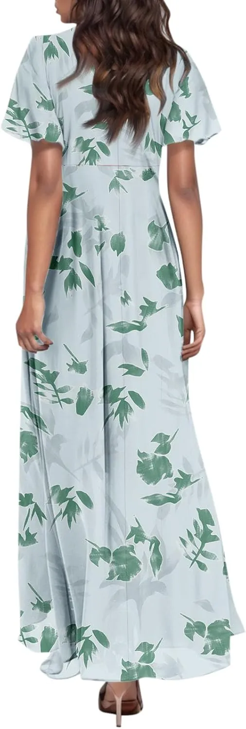 Maxi Dresses for Women 2025 Plus Size Chiffon Ruffle Flowy Swing Short Sleeve Floral Dress A Line Frocks