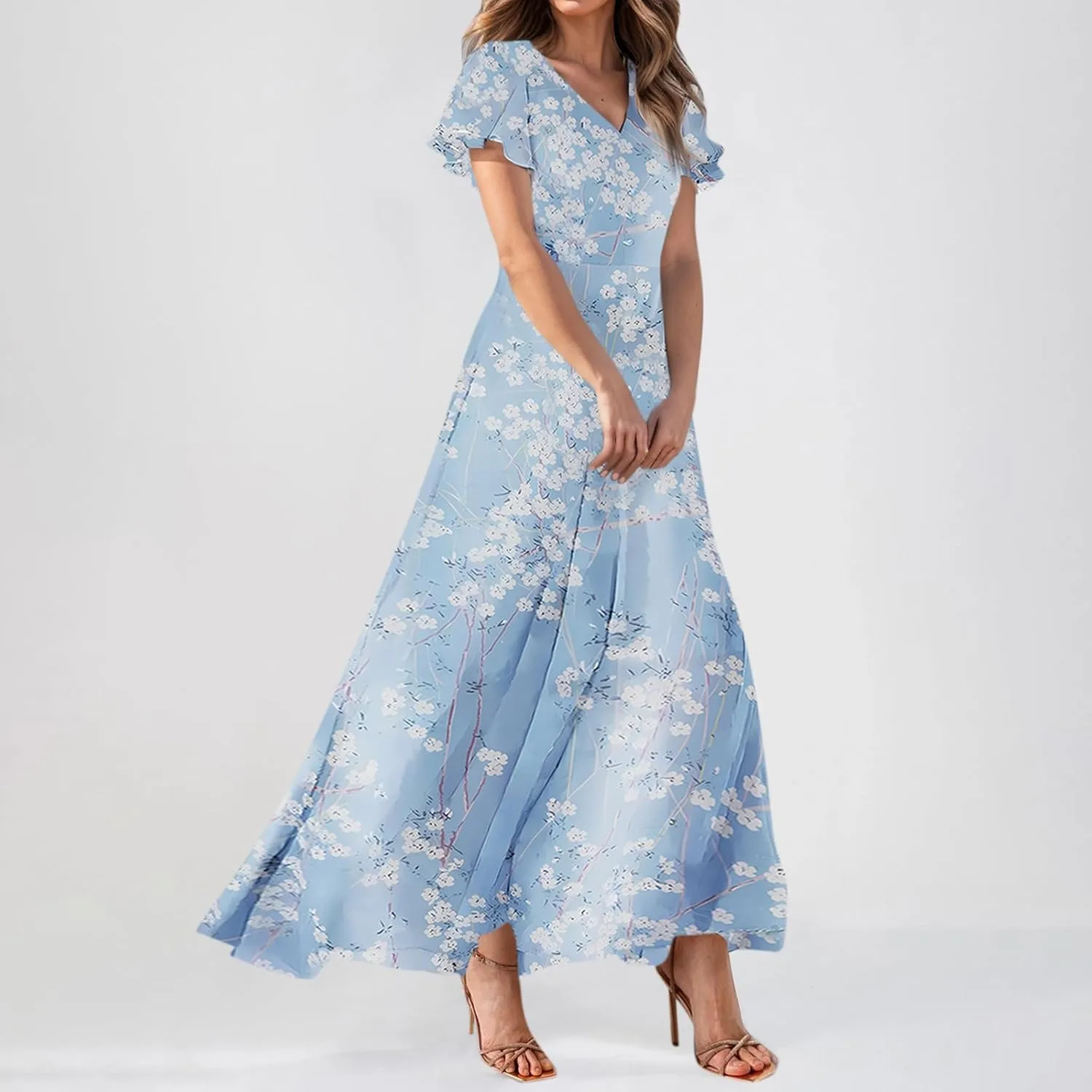 Maxi Dresses for Women 2025 Plus Size Chiffon Ruffle Flowy Swing Short Sleeve Floral Dress A Line Frocks
