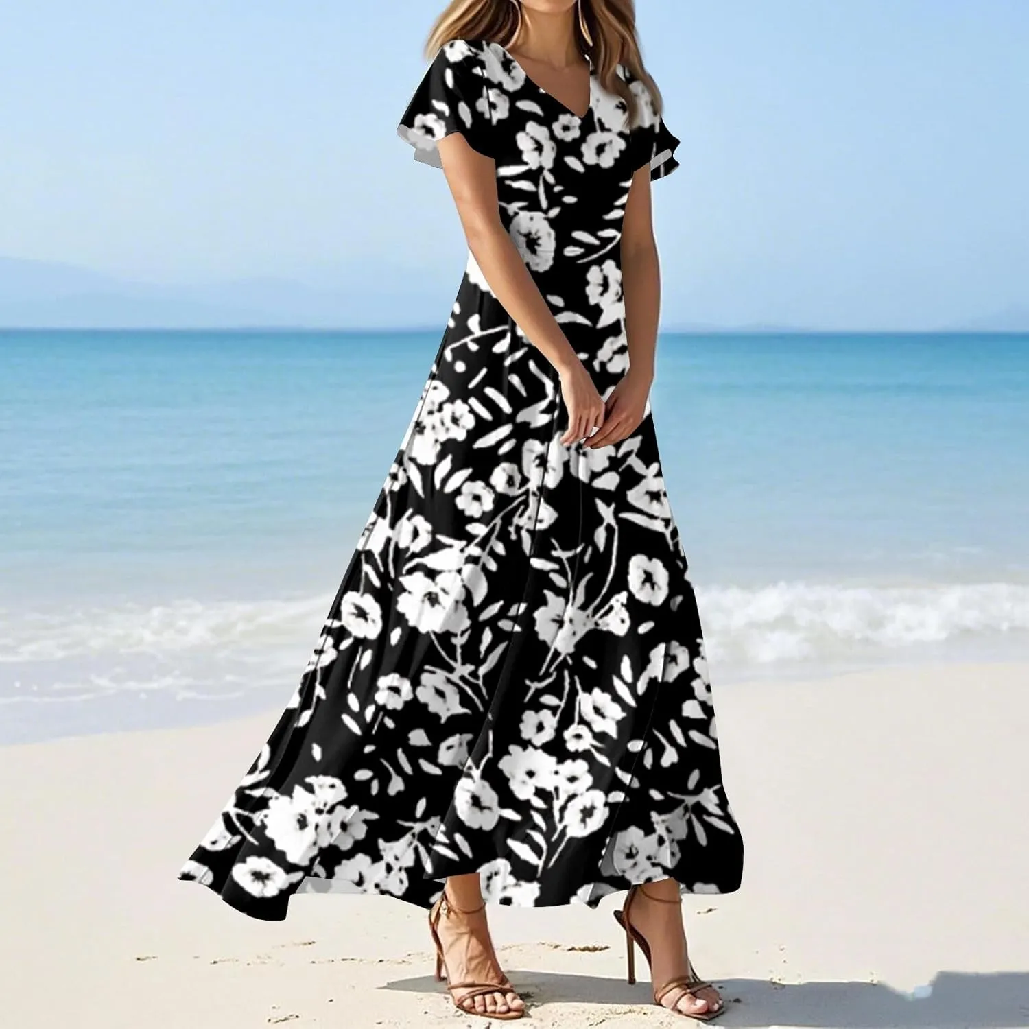 Maxi Dresses for Women 2025 Plus Size Chiffon Ruffle Flowy Swing Short Sleeve Floral Dress A Line Frocks