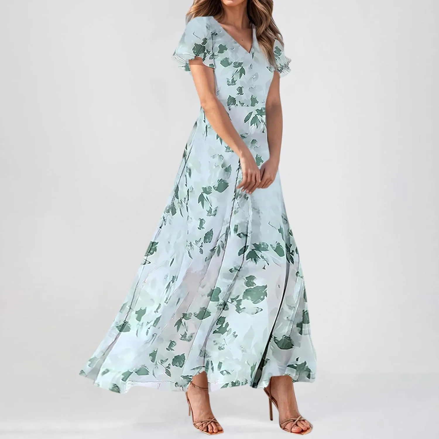 Maxi Dresses for Women 2025 Plus Size Chiffon Ruffle Flowy Swing Short Sleeve Floral Dress A Line Frocks