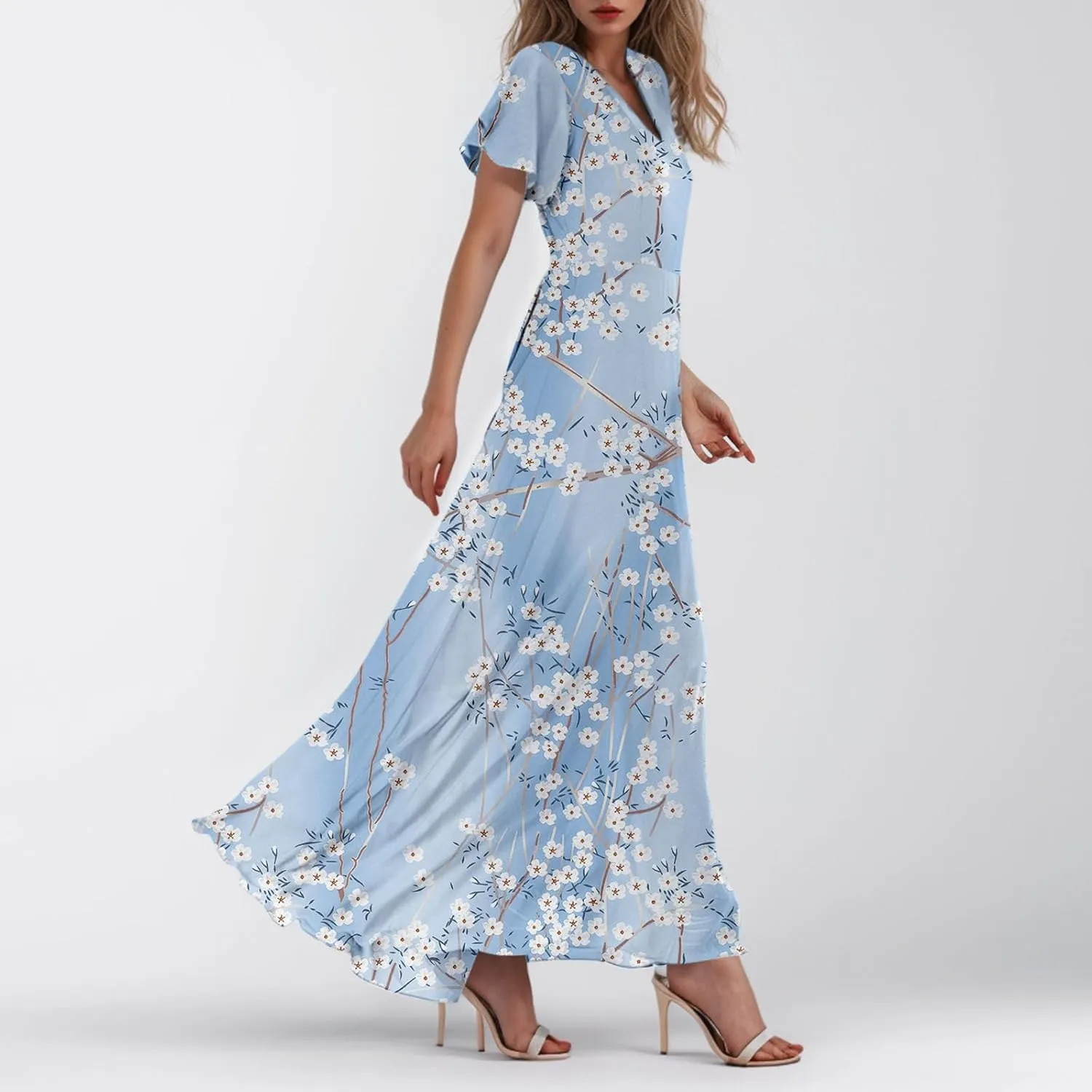 Maxi Dresses for Women 2025 Plus Size Chiffon Ruffle Flowy Swing Short Sleeve Floral Dress A Line Frocks