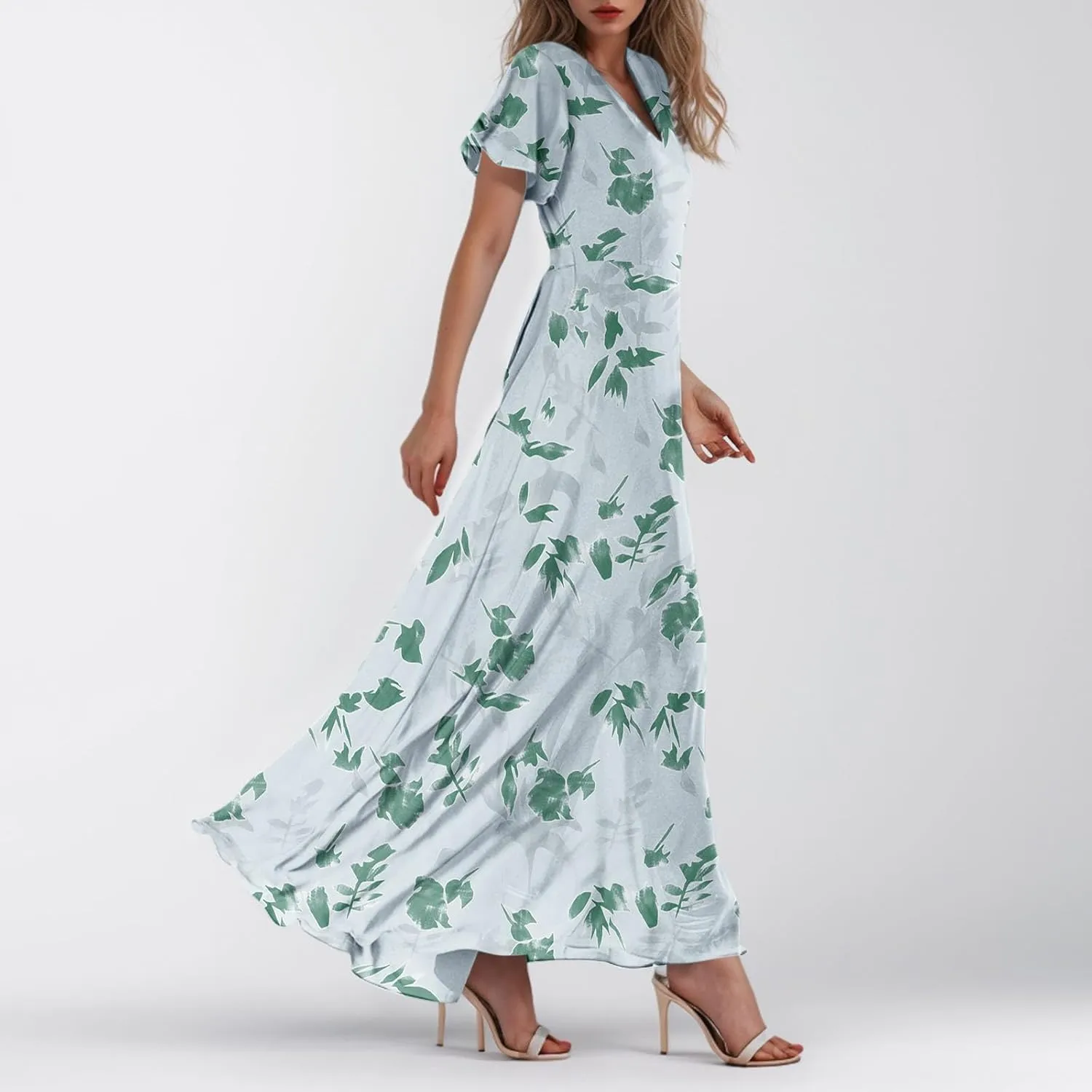 Maxi Dresses for Women 2025 Plus Size Chiffon Ruffle Flowy Swing Short Sleeve Floral Dress A Line Frocks